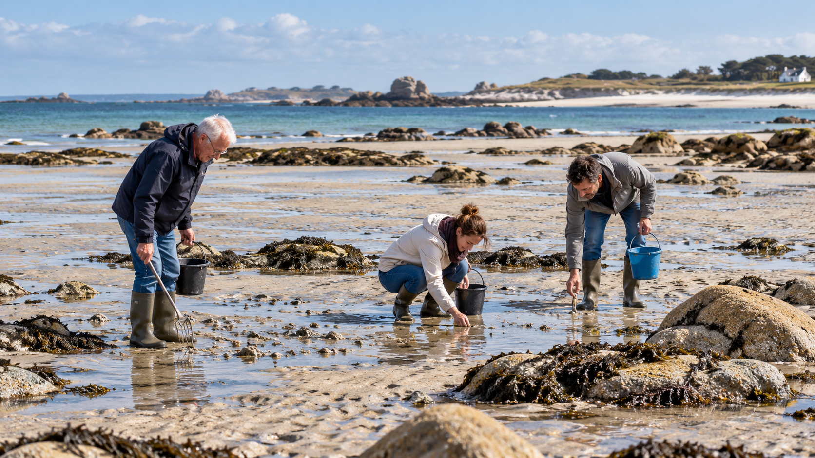 Photo illustrative générée : une famille pratique la pêche à pied sur un estran breton.